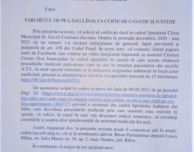 Plângere penală pentru GENOCID depusă de deputatul Mihai Lasca la PARCHETUL DE PE LÂNGĂ ÎNALTA CURTE DE CASAŢIE ŞI JUSTIŢIE